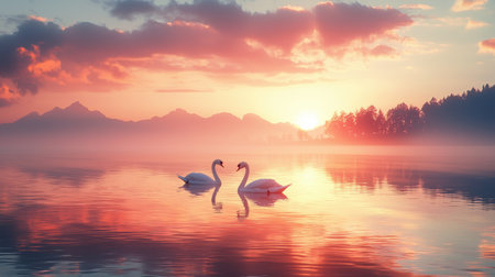 Two elegant swans glide over a tranquil lake at sunset, surrounded by misty mountains and vibrant clouds reflecting on the water.の素材