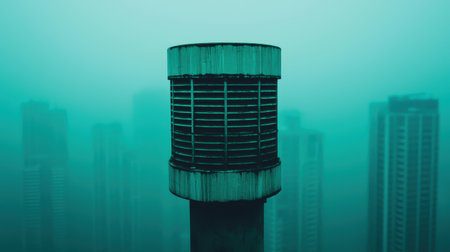 A foggy urban scene featuring a cylindrical structure with a grid pattern, surrounded by shadowy buildings, creating a mysterious atmosphere.の素材