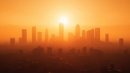 A hazy skyline at sunset, featuring tall buildings silhouetted against a warm orange sky.の素材