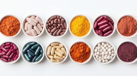 A vibrant display of colorful spices and herbal capsules arranged in bowls, showcasing natural ingredients for health and cooking.の素材