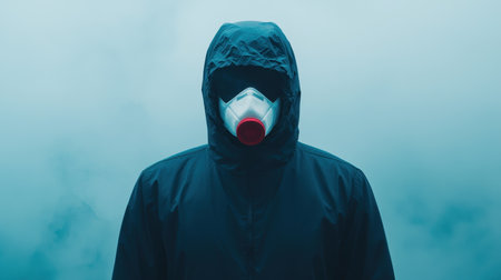A mysterious figure in a hooded jacket and mask stands amidst fog, evoking themes of secrecy and uncertainty.の素材