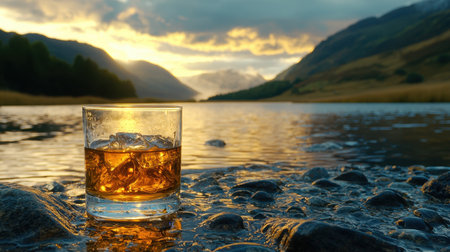 A glass of whiskey sits on stones by a serene river, reflecting the golden light of a sunset in a tranquil mountainous landscape.の素材