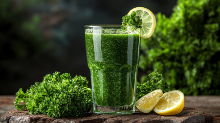 A vibrant green smoothie garnished with lemon and fresh parsley, set against a backdrop of leafy greens, exuding freshness and health.の素材