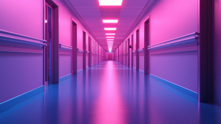 A vibrant corridor with pink lighting and glossy flooring, creating a surreal and futuristic atmosphere.の素材