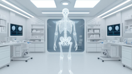 A futuristic medical lab featuring a translucent skeleton model, advanced imaging equipment, and a clean, sterile environment designed for anatomical study.の素材