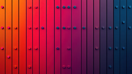 A vibrant, colorful wall featuring vertical panels with rounded studs, transitioning from orange to deep blue hues, creating a striking visual effect.の素材