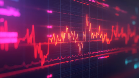A vibrant digital representation of a fluctuating waveform, showcasing peaks and troughs in a colorful display of data visualization.の素材