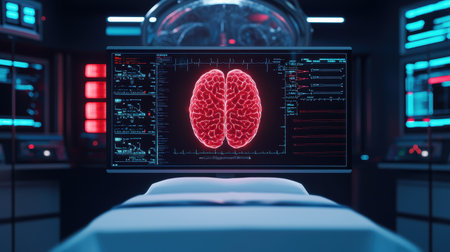 A high-tech medical scene displaying a digital brain scan on a monitor, with a bed in a futuristic setting illuminated by blue and red lights.の素材
