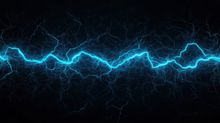 A vivid depiction of electric blue lightning bolts against a dark background, symbolizing energy and power.の素材