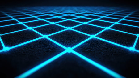 A futuristic blue grid pattern illuminated against a dark background, creating a sci-fi ambiance.の素材