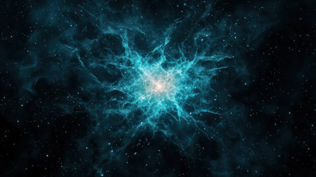 A mesmerizing cosmic scene with vibrant blue nebula-like formations set against a starry background, evoking a sense of wonder and vastness.の素材