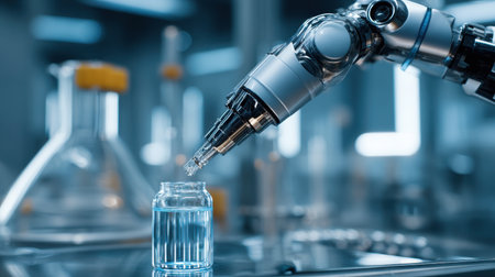Robotic Arm Dispensing Liquid into Small Glass Vial in Modern Laboratory Setting with Scientific Equipment and High-Tech Environmentの素材