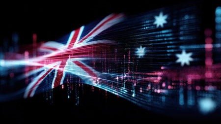 Abstract representation of digital data flow with Australian flag colors and patterns, symbolizing innovation, technology, and connection in Australiaの素材
