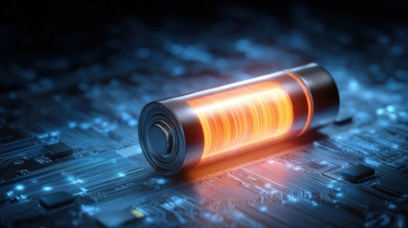 Futuristic glowing battery with circuit board background showcasing energy technology and innovation in electronics and renewable power solutions.の素材