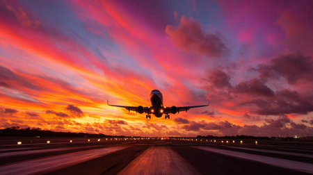 Beautiful Sunset Sky with Vibrant Colors and Airplane Taking Off in Foreground Over Runway at Duskの素材