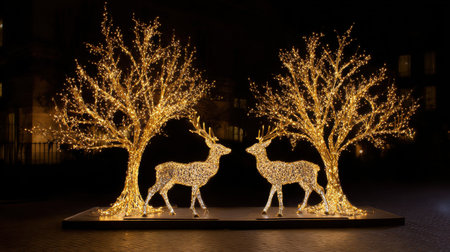 Sparkling Christmas Display with Illuminated Reindeer and Trees in a Festive Night Settingの素材