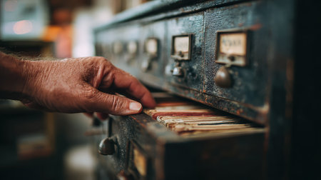 Hand Reaching for Vintage Drawer in an Old Library Filled with Wooden Cabinets and Organized Cards, Nostalgic Atmosphere and Rich Historyの素材