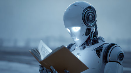A futuristic humanoid robot reading a book in a serene environment with soft lighting and advanced technology showcasing artificial intelligence and knowledge explorationの素材