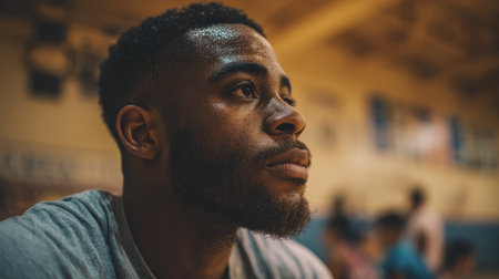Young male athlete with serious expression reflecting on performance in a gymnasium setting, focused gaze, dynamic sports atmosphere, indoor basketball sceneの素材
