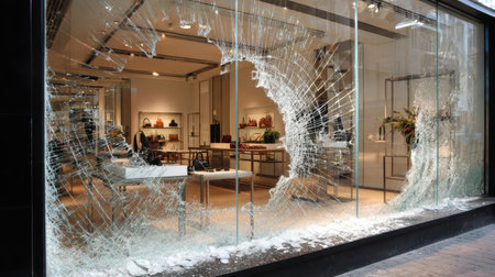 Dramatic Broken Glass Window at Chic Retail Store Front Shattering Modern Shopping Experience and Highlights Urban Challenges Faced by Businesses Todayの素材