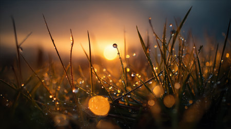 Morning Dew on Grass with Sun Rays and Soft Bokeh Effect Capturing Nature's Beauty and Tranquility in a Serene Landscape During Sunriseの素材
