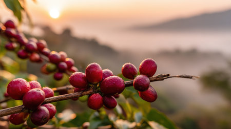 Morning Sunlight Over Coffee Plant with Fresh Red Berries in Early Foggy Landscape of Mountains and Valleys, Captured in Natural Serenityの素材