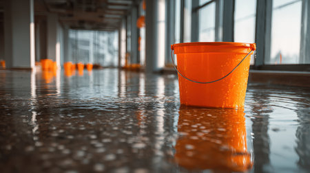 Water accumulation in an empty modern office space with bright orange bucket for cleaning amidst spilled water on polished floor surfacesの素材
