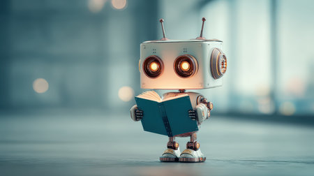 Curious robot reading a book indoors with a soft background ambiance, showcasing technology and imagination in a modern environmentの素材