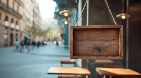 Rustic Wooden Sign Hangs in Urban Environment with Blurred Background of Economic Activity and Street Life in a Cityの素材