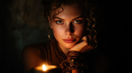 Enigmatic Portrait of Woman with Candlelight, Intense Gaze, Hair Curls, Bohemian Jewelry, Dark Background, Intimate Atmospheric Lighting, Warm Glowの素材