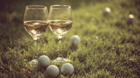 Romantic Outdoor Toast with Wine Glasses on Soft Grass Surrounded by Golf Balls Under Warm Sunset Light, Perfect for Celebration or Leisure Themesの素材