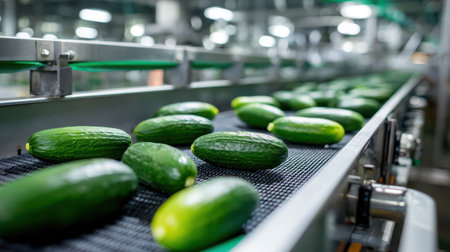 Fresh cucumbers on conveyor belt in modern greenhouse, harvesting process for organic vegetables, agricultural technology, healthy food productionの素材