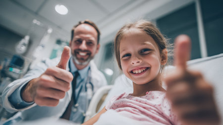Doctor and young girl in hospital room celebrating recovery with thumbs up, conveying joy and hope in healthcare settings, promoting wellness and trustの素材