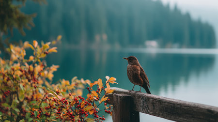 Brown bird perched on wooden railing surrounded by colorful autumn foliage with serene lake and foggy forest in backgroundの素材