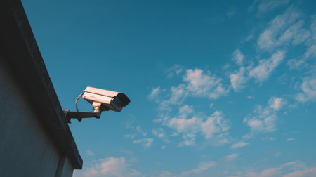 Surveillance camera mounted on a building with blue sky and clouds providing security monitoring and observation of outdoor environmentの素材