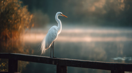 Elegant white heron standing gracefully on wooden railing at misty lakeshore during soft morning light with serene atmosphere and tranquil water reflectionsの素材
