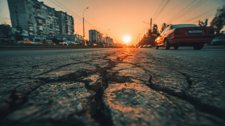 Urban sunset view with cracked road surface, vehicles passing by, and warm golden hues illuminating a bustling cityscape during evening hoursの素材