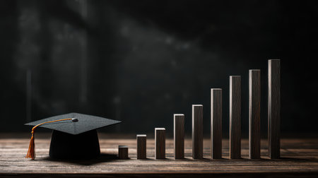 Graduation cap and wooden blocks representing academic achievement and growth progression on a rustic wooden table against a dark backgroundの素材