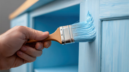 Hand Holding Brush Painting Blue Furniture with Strokes on Wooden Surface in Brightly Lit Room, Close-Up View of DIY Home Improvement Projectの素材