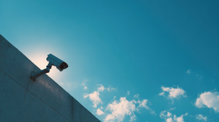 Surveillance Camera on a Wall Against a Clear Blue Sky with Soft Cloud Coverage in Bright Daylightの素材
