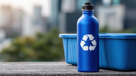 Blue Metal Reusable Water Bottle with Recycling Symbol Next to Blue Bins in Urban Environment with Blurred City Backgroundの素材