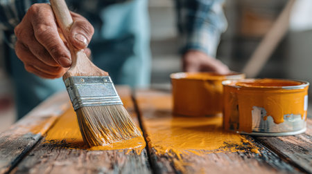 Close-Up of a Person Painting a Wooden Surface with Orange Paint Using a Brush in a Workshop Setting Focusing on Craftsmanship and Creativityの素材