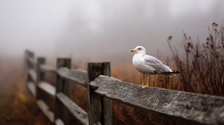 Elegant seagull perched on a weathered wooden fence against a misty landscape, capturing the serene beauty of nature and wildlife in a tranquil setting.の素材