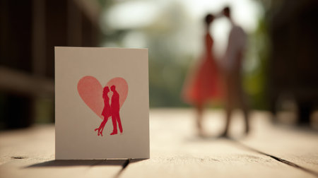 Romantic couple silhouette on heart card with blurred background of affectionate couple, capturing love and connection in soft outdoor atmosphereの素材