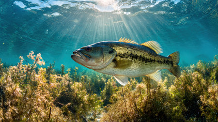 Underwater Scene of Largemouth Bass Swimming Through Aquatic Vegetation with Sunlight Rays Illuminating the Clear Waterの素材