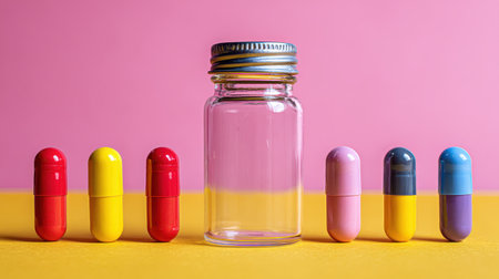 Colorful Capsules and Empty Glass Bottle on Vibrant Background for Health and Wellness Conceptual Imageryの素材