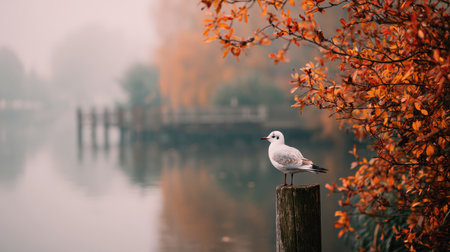 Serene Seagull on a Post Surrounded by Autumn Foliage and Reflective Waters in a Peaceful Lakeside Landscape at Dawnの素材