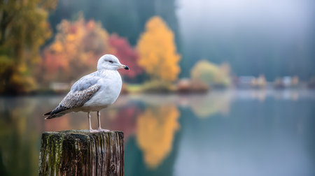 Serene Seagull on a Weathered Post with Reflections of Autumn Foliage in Calm Water Under Soft Misty Lightの素材