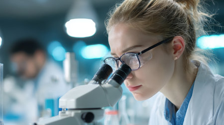 Young Female Scientist Analyzing Samples Under Microscope in Laboratory Setting with Advanced Equipment and Focused Expressionの素材