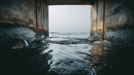 Serene View of Calm Water Through a Concrete Archway Leading to the Ocean, Evoking Tranquility and Solitude in Nature's Embraceの素材